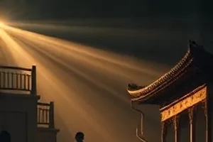 音乐剧《有声之年》封面，旧录音棚与立式麦克风